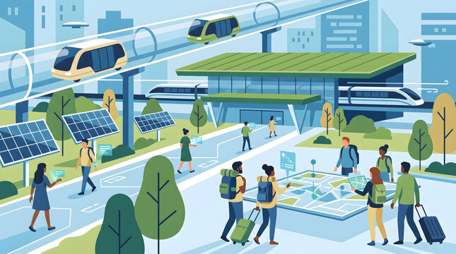 Illustration of a modern eco friendly transportation hub in city