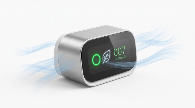 Smart portable air quality monitor device with digital display showing clean air levels and flowing breeze on white background