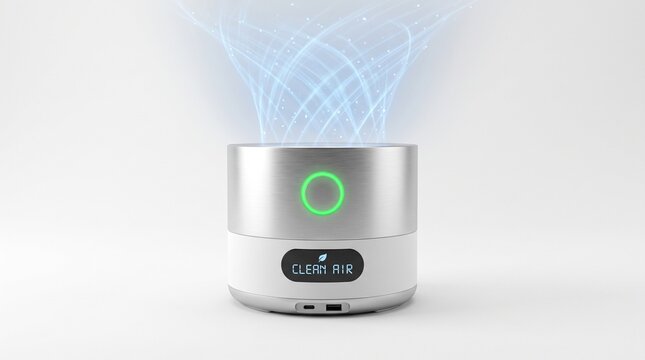 Modern air purifier emitting a gentle stream of clean air, featuring a sleek design and illuminated indicator light for optimal air quality management