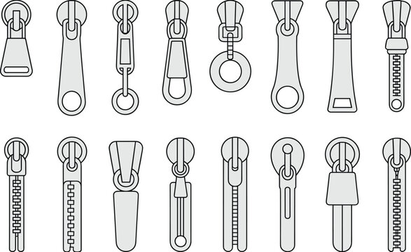 Zipper pull tab silhouettes, vector zipper parts, fashion accessory elements, sewing design components, clothing hardware, garment fasteners,