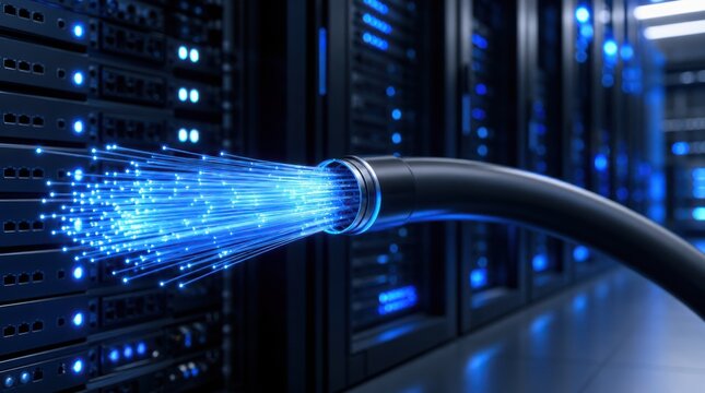 Fiber optic cable emitting blue light fibers connected to a server rack in a data center, symbolizing high-speed internet and data transmission.