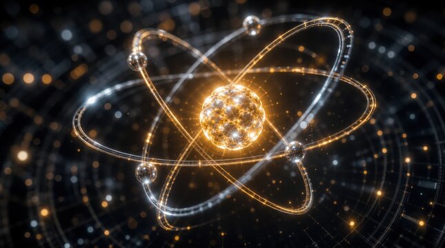 A glowing atomic model with orbiting electrons, set against a dark background filled with light particles and grid patterns, illustrating atomic structure and energy.