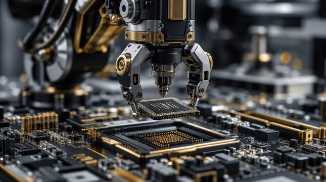 A robotic arm precisely places a microchip onto a circuit board in a high-tech manufacturing environment.