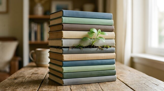 Stack of books with a small green plant growing between them, symbolizing knowledge, learning and professional growth, minimalist composition, soft natural lighting, realistic stock photography