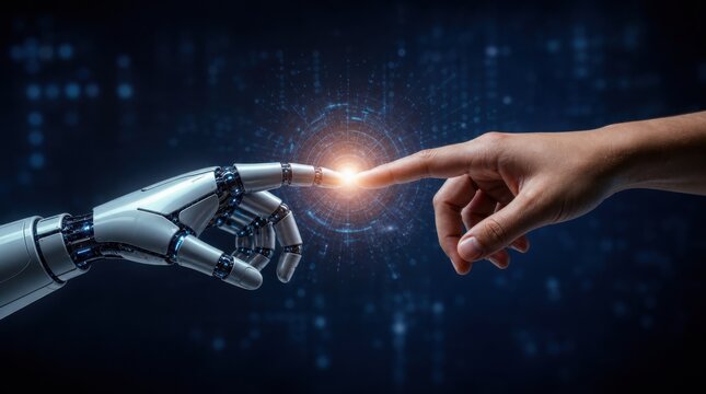 A human finger and a robotic hand almost touching, symbolizing the connection between humanity and technology.
