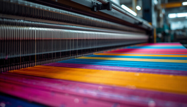 High speed modern automated textile weaving loom machine processing colorful vibrant yarn threads
