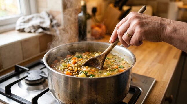 Close-up of a hand stirring a delicious homemade vegetable and lentil soup in a steaming pot on a kitchen stovetop, preparing a warm, healthy meal for dinner