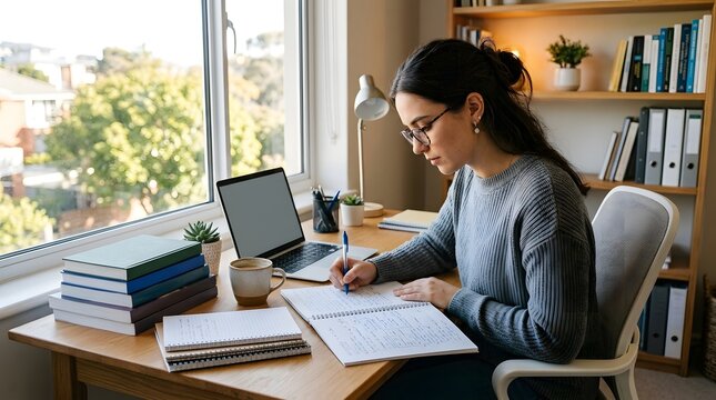 Woman studying at a bright desk with notebooks and books, organized workspace and focused expression, concept of education, skill development and career advancement, realistic stock photography.