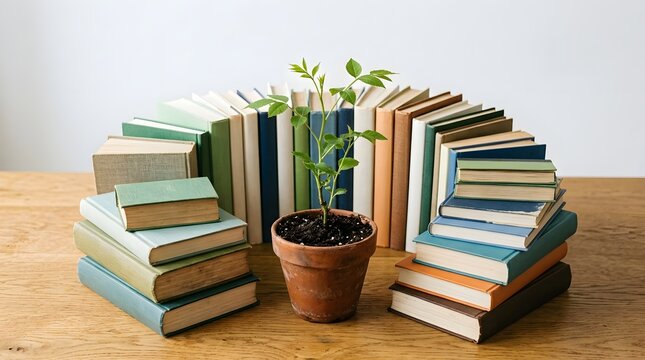 Books arranged around a young plant emerging from the center, conceptual representation of knowledge nurturing personal and professional growth, clean studio background, premium stock photography.