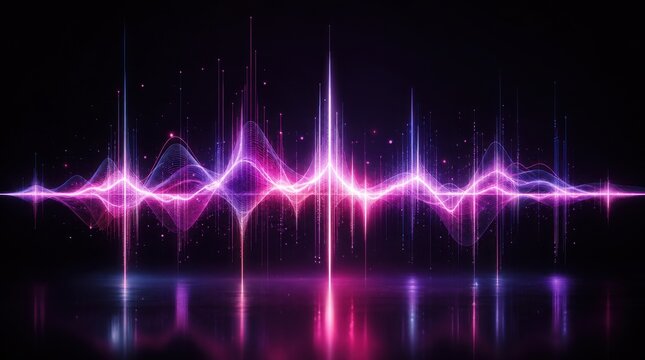 Vibrant neon pink and purple soundwave visualization with glowing light particles on a dark reflective surface.
