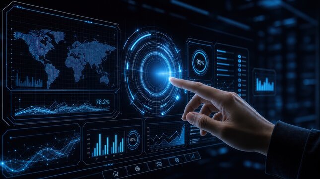 A hand interacts with a futuristic digital interface displaying global maps, charts, and data analytics in a high-tech environment.