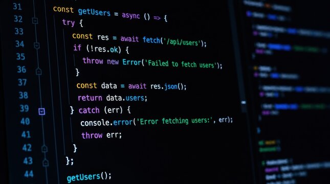 JavaScript code snippet demonstrating an asynchronous function to fetch user data from an API with error handling.
