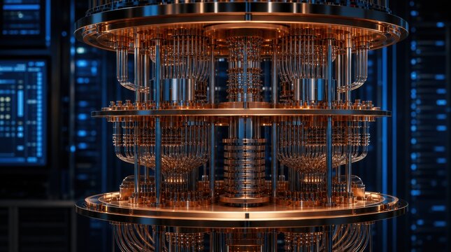 A close-up of a quantum computer's intricate copper wiring and components, showcasing advanced technology in a futuristic lab setting.
