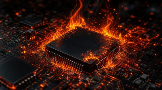 A computer microchip engulfed in fiery flames, symbolizing overheating or malfunction in electronic circuitry.