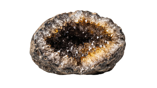 Natural citrine geode with sparkling yellow crystals, raw smoky quartz druzy stone, decorative healing mineral specimen isolated PNG with Transparent Background