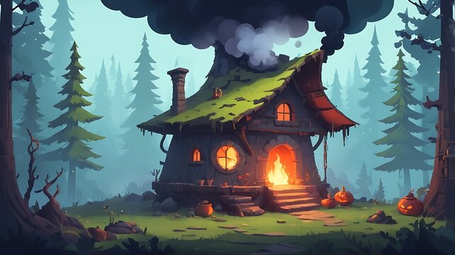 Witch's hut in rural pixel forest, cauldron outside and smoke rising