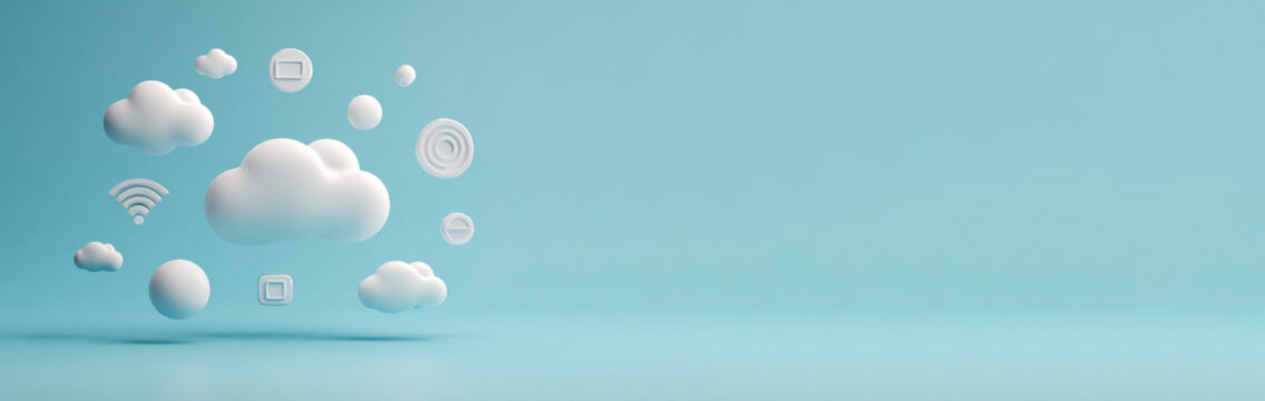 Digital cloud computing icons and symbols floating on a light blue background
