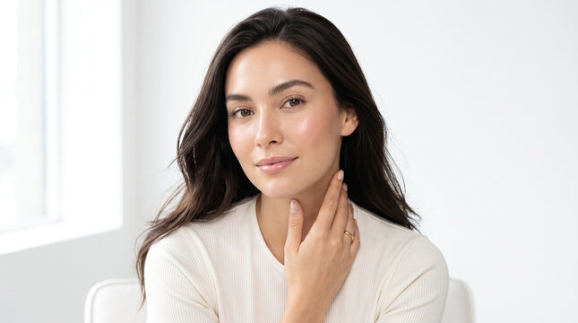 Young woman with glass skin portrait against white background