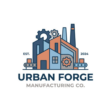 A modern logo design showcasing a manufacturing company, featuring industrial elements like factories and gears, emphasizing innovation and urban creativity.