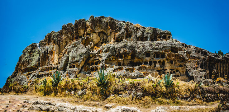 View of the ancient rock-cut tombs of Ventanillas de Otuzco carved into the volcanic rock face, surrounded by dry grass and agave plants in Cajamarca, Cajamarca, Peru.