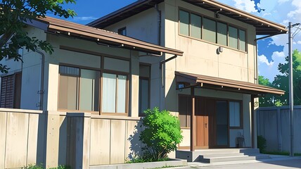 Fototapeta premium Zen-inspired home exterior, modern minimalist, anime art style