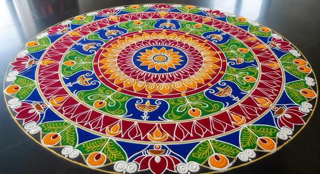 A vibrant and colorful rangoli design beautifully captures the spirit of the joyous diwali