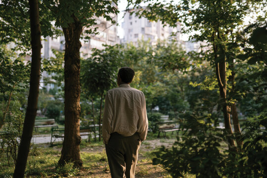 A man walking thoughtfully through a vibrant green urban park, surrounded by nature and city structures, embodying the serene connection between nature and urban life.