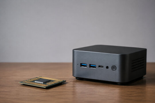 Mini PC with computer chip on desk, technology and compact computing concept