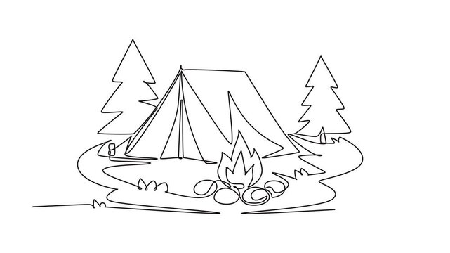 Forest campsite with a tent, campfire, and pine trees.Nature concept.Single line draw design.Full length animation illustration. High quality 4k footage