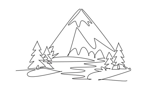 Mountain landscape with pine trees and a winding lake.Nature concept.Single line draw design.Full length animation illustration. High quality 4k footage