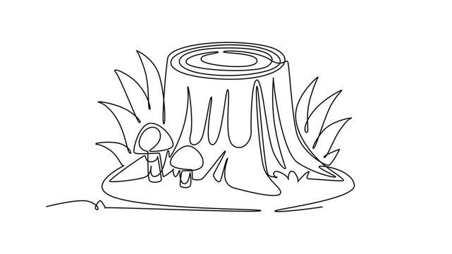 Tree stump surrounded by grass and small plants.Nature concept.Single line draw design.Full length animation illustration. High quality 4k footage