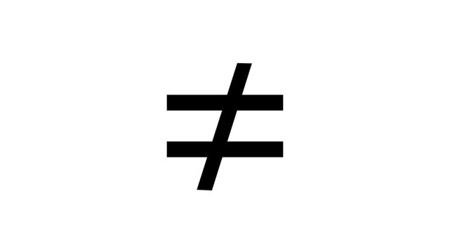Black "not equal to" mathematical symbol animation on a white background, educational concept; 4K video.