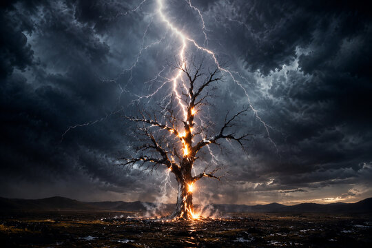 A solitary dead tree struck by lightning in a stormy landscape.