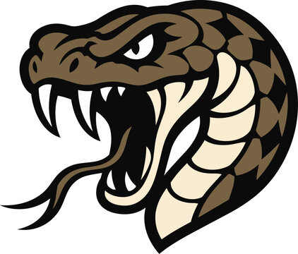 Snarling rattlesnake head reptile logo illustration for wildlife branding, sports mascots and powerful identity designs.