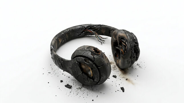 Heavily damaged and extensively burnt audio headphones isolated on a white background, representing severe electronic malfunction, fire damage, or product defect