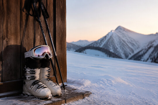 Ski poles, goggles, insulated winter boots at doorstep with snowy slope, winter season preview