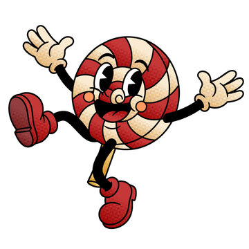 Happy Peppermint Candy Character Retro Cartoon Mascot Dancing On Pink Background