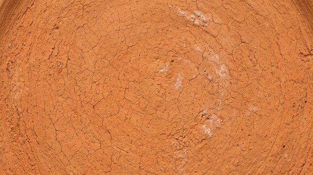 Close up of dry cracked orange clay earth surface showing intricate patterns of drought and heat