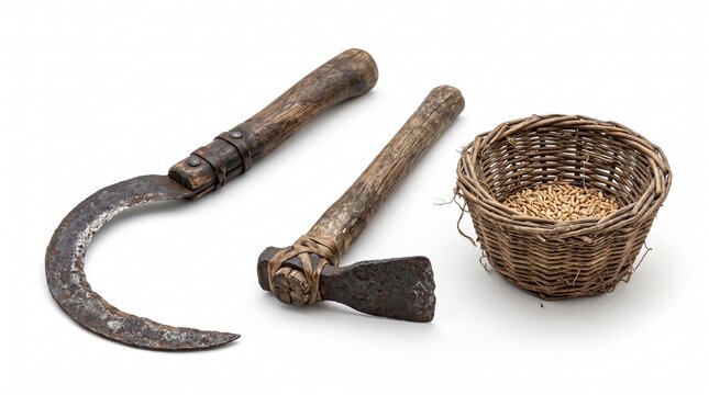 Harvesting tools including a curved sickle and a small axe alongside a woven wicker basket filled with grain seeds sit isolated on a bright white surface.