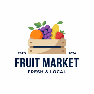 This logo design showcases a wooden crate overflowing with fresh, colorful fruits, representing health, vibrancy, and the concept of local produce markets.