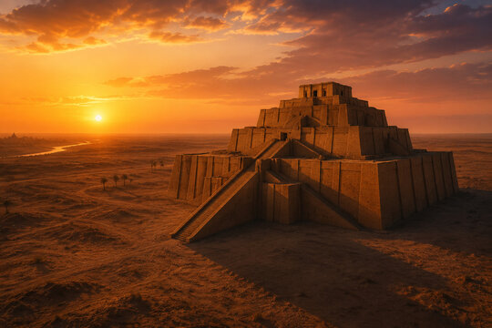 An ancient ziggurat on a desert plain at dusk, casting a long shadow under a warm sunset.