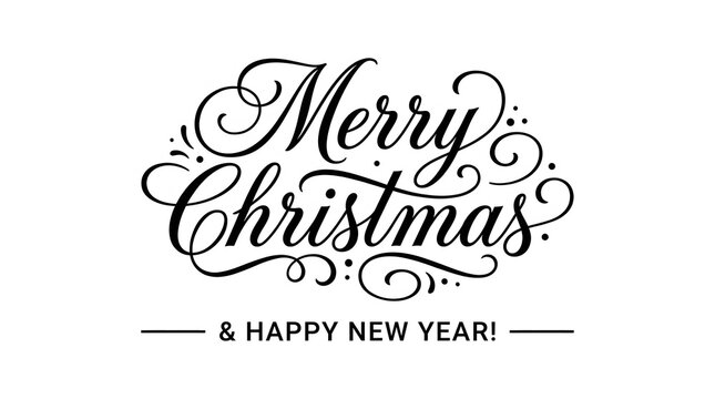 Elegant calligraphy 'merry christmas' and 'happy new year' greeting with flourishes and swirls