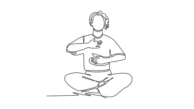 Woman focusing on breath for relaxation during a meditation session.Mental health concept.Single line draw design.Full length animation illustration. High quality 4k footage
