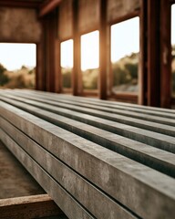 Obraz premium Stacked galvanized metal beams in a timber workshop with warm sunlight through windows and shallow depth of field Concept of construction materials and industrial craftsmanship