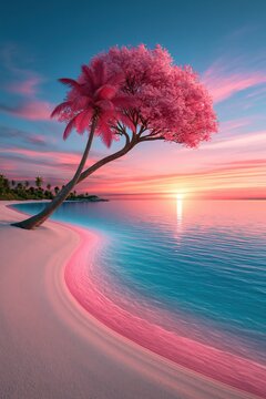 Surreal pink beach with a curved palm tree calm turquoise lagoon and vivid sunset resembling Bora Bora French Polynesia Concept of tropical fantasy