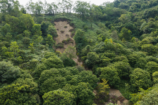 Aerial view of landslide forest mountain landscape
