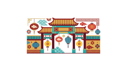 Fototapeta premium Traditional Asian Gate Illustration with Decorative Lanterns and Patterns