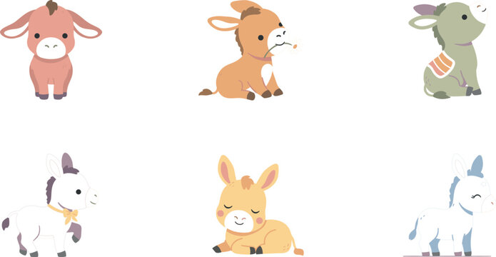 PrintCute Donkey Cartoon Character Vector Icon Set Featuring Adorable Little Burros in Various Poses Sitting Standing Sleeping and Foraging for Kids Graphic Designs