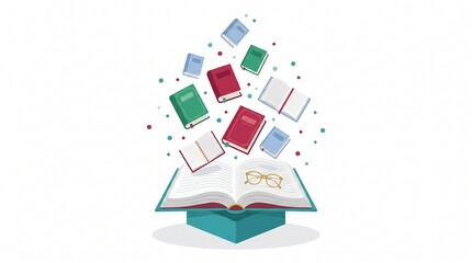 Fototapeta premium Flying books illustration, open textbook with floating literature, educational concept art for literacy and learning
