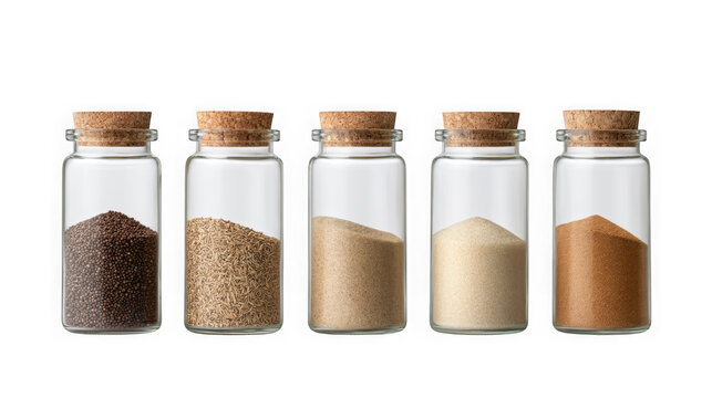 Set of five glass spice jars with cork lids